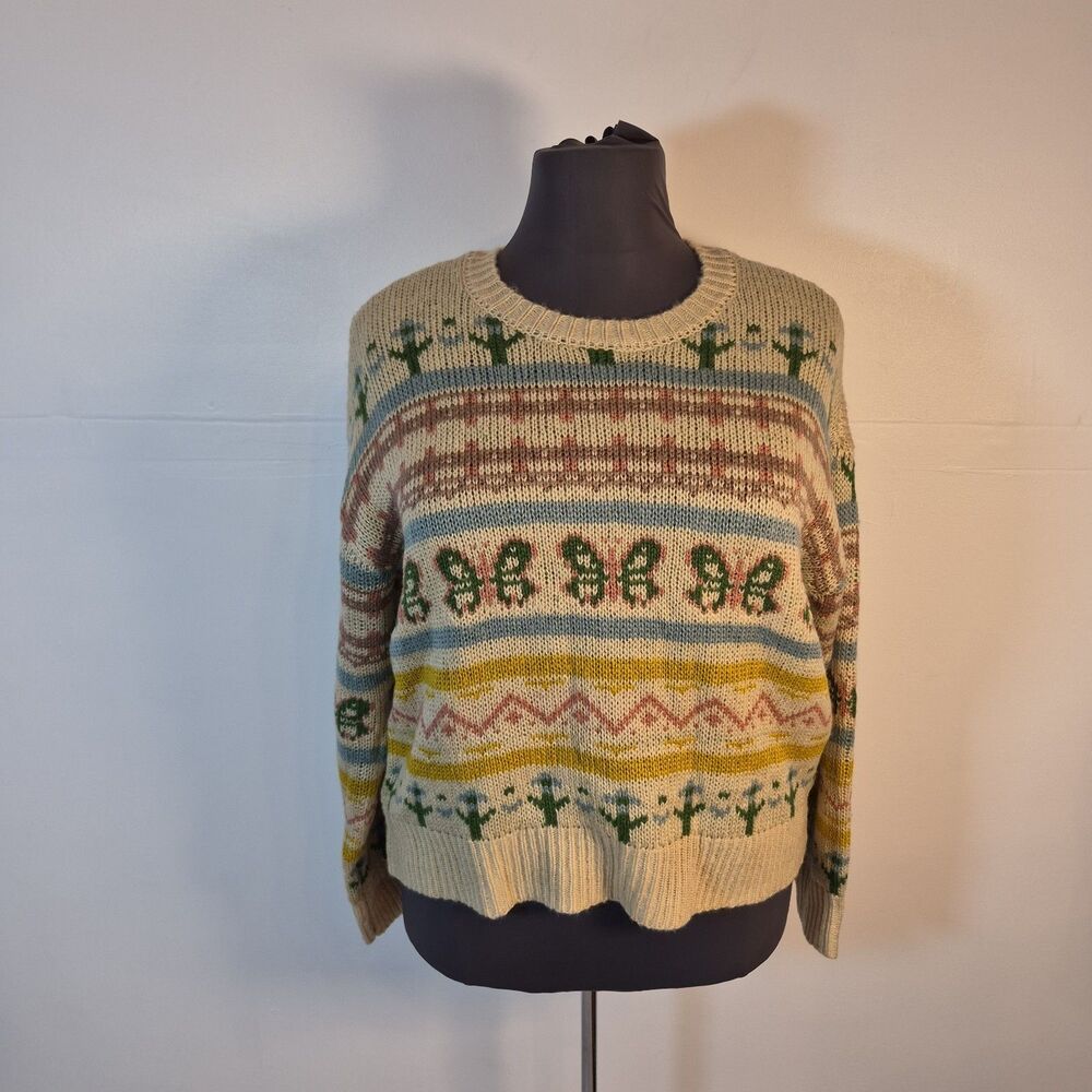 No Comment Women's Fair Isle Butterfly Cropped Sweater Junior Size 2X Beige